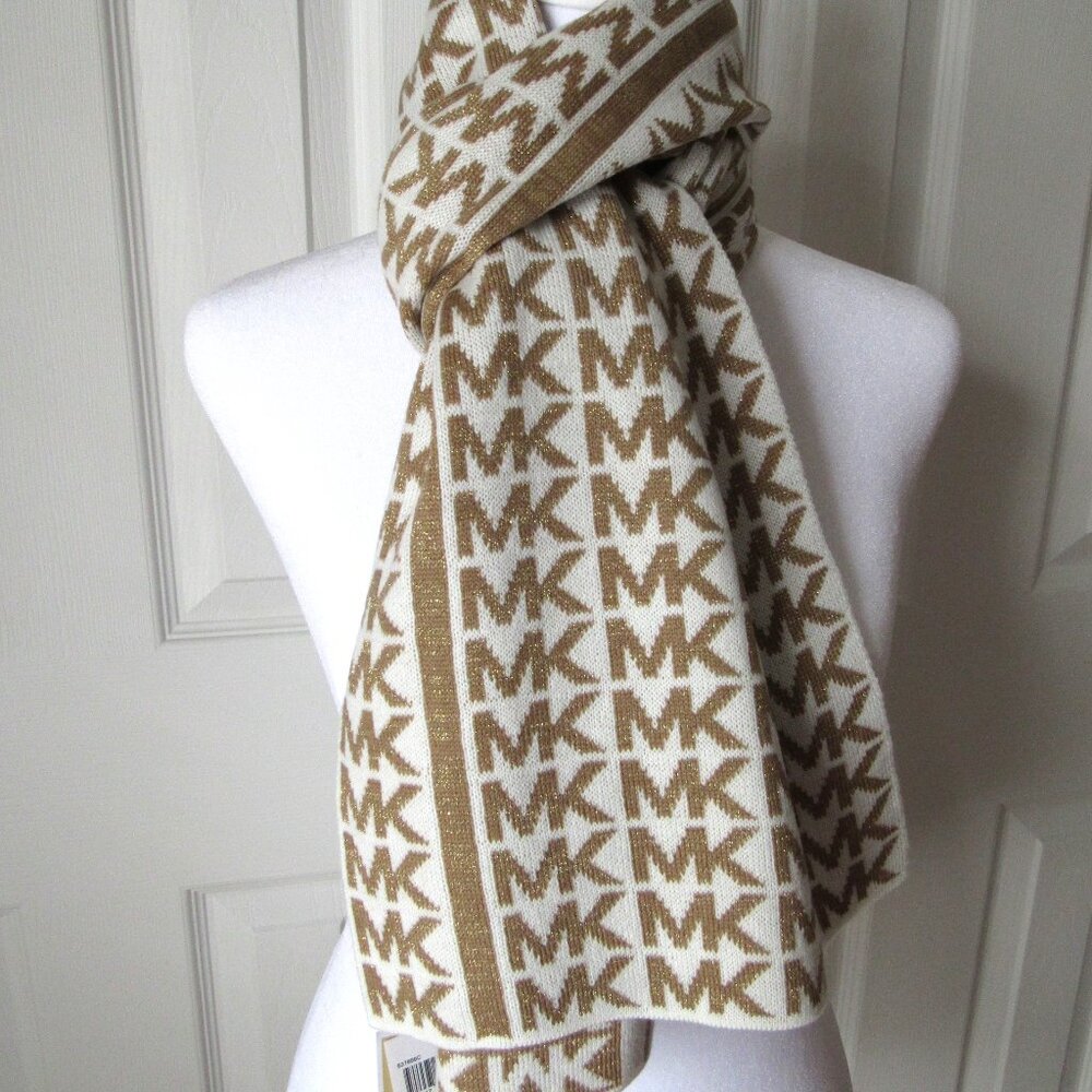 MICHAEL KORS MK Signature Logo Muffler Scarf Gold White Glitter New w/Tags Fall